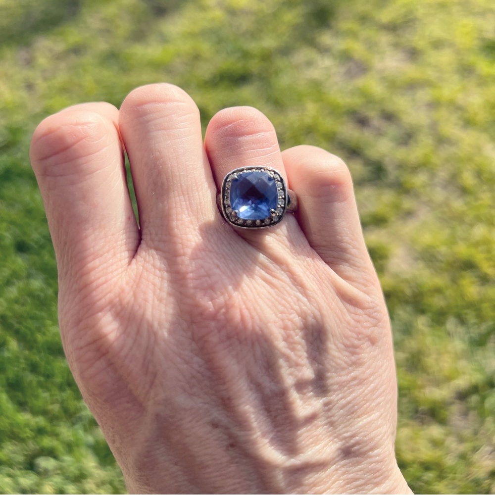 Blue topaz, CZ and silver ring